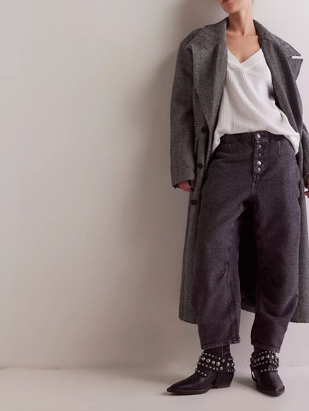 We The Free Osaka Mid Rise Barrel Leg Textured Waffle Trousers Grey Size 25